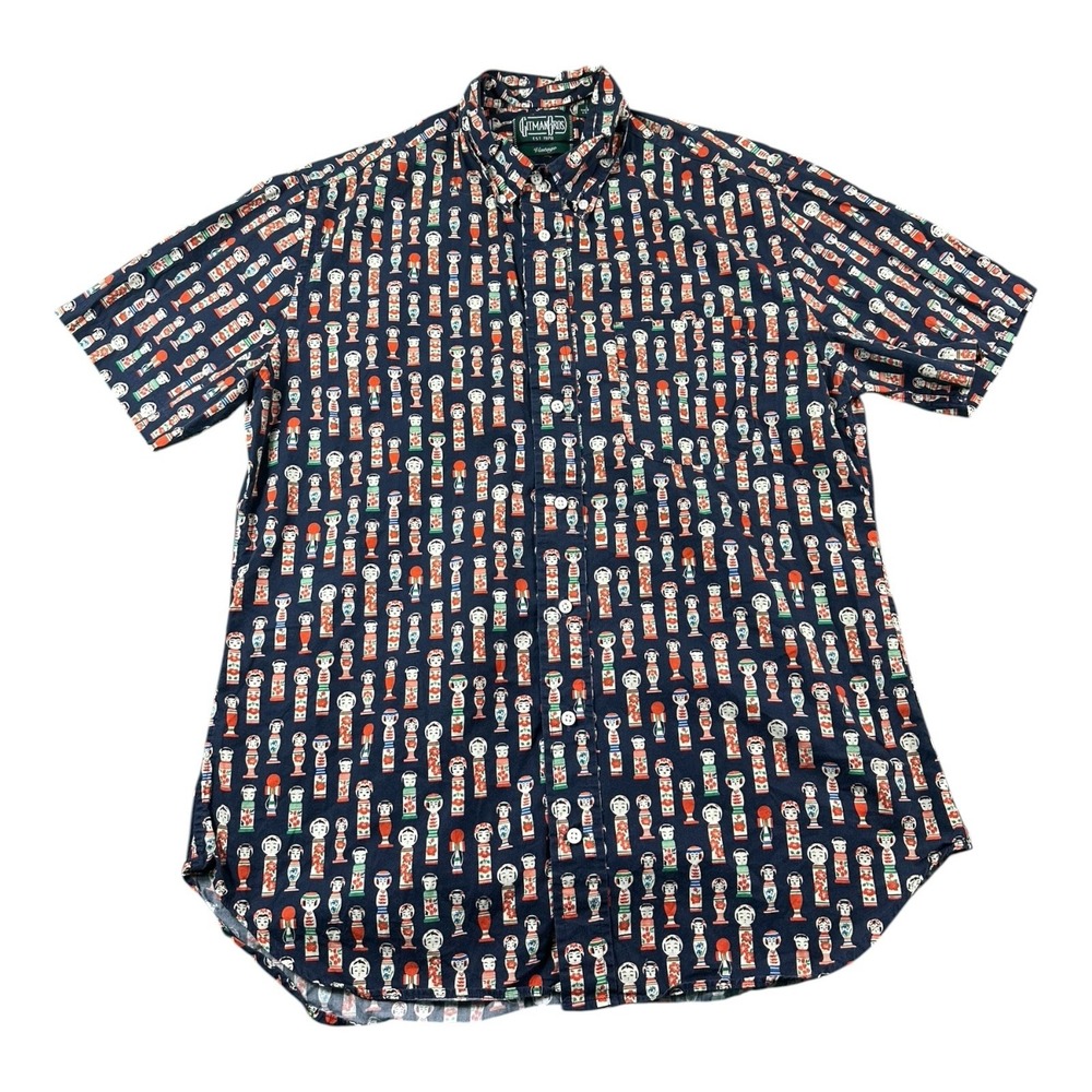 Gitman Bros Blue Nesting Doll Vintage Themese AOP Mens S/S Cotton Button Down L